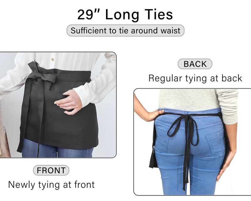 RUVANTI 6 Pack Server Aprons with Pockets, Black Apron for Men, PolyCotton Chef Aprons for Women with 29" Long Waist Strap - Image 5
